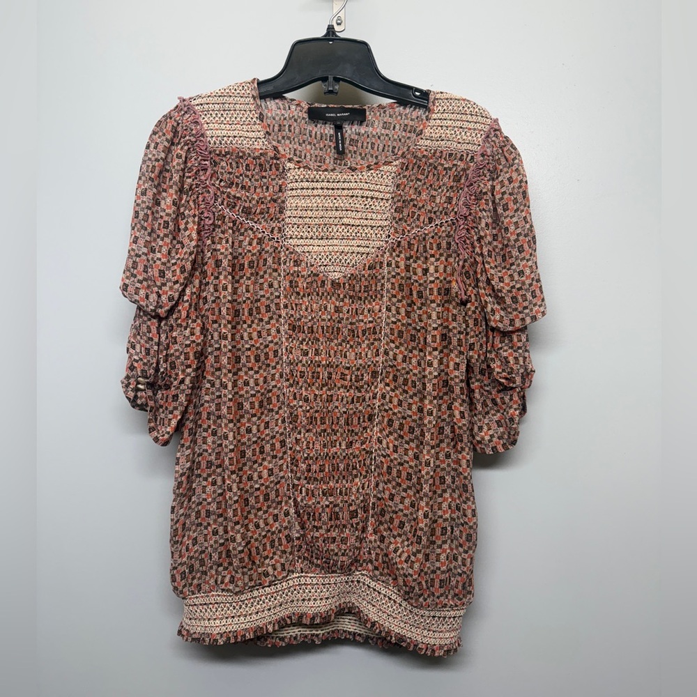 Isabel Marant Etoile 100% Silk Smocked Boho Peasant Geometric Tunic Top SIZE 12